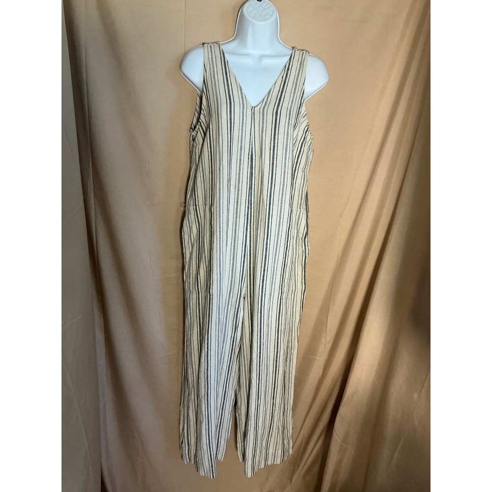 Sonoma Jumpsuit Women Medium Cream BlueStriped Wide Leg V-Neck Pockets Excellent